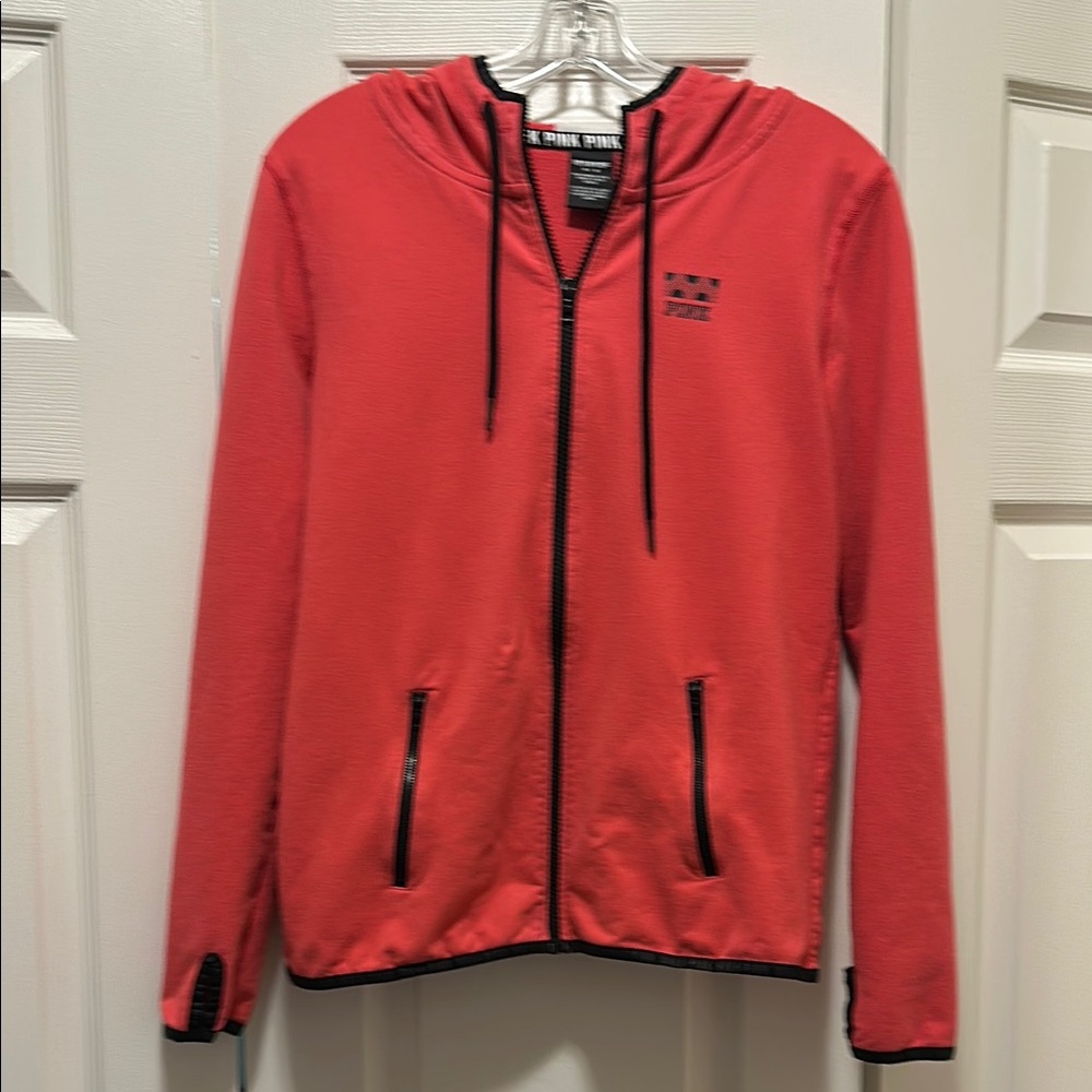 2/$20 Victoria's Secret PINK Hot Pink Zip-Up Hood Thumb Holes Logo Pockets Sz M - Picture 1 of 5